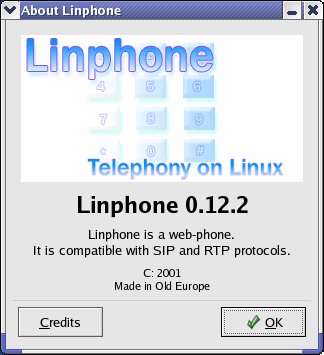 About-Dialog: Linphone is a web-phone. It is compatible with SIP and RTP protocols.