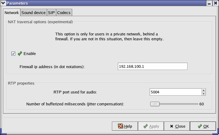 Parms-Dialog: Network NAT enable/FW address 192.168.100.1, Network RTP port for audio 5004
